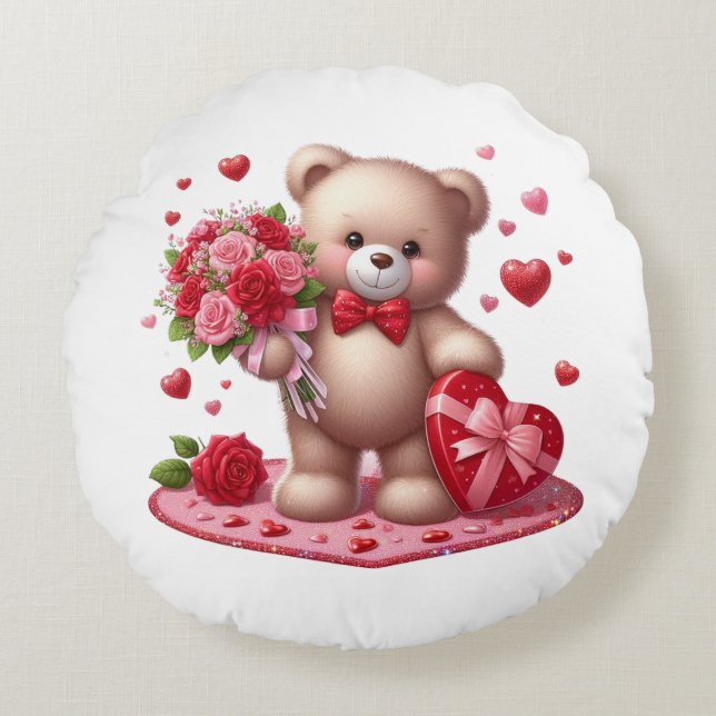 Cute Valentine's Day Teddy Bear Round Pillow (Front)