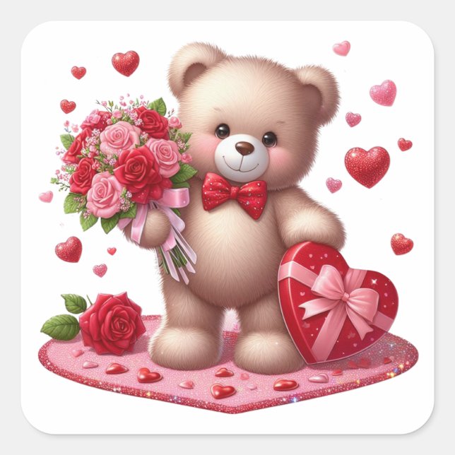 Cute Valentine's Day Teddy Bear Square Sticker (Front)