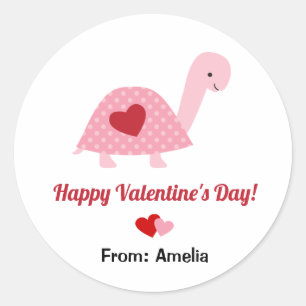 Cute Valentine's Day Turtle and Hearts (Pink Red) Classic Round Sticker