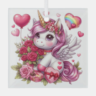 Cute Valentine's day unicorn Glass Ornament