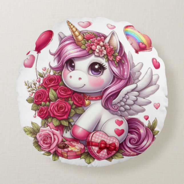 Cute Valentine's day unicorn Round Pillow (Front)