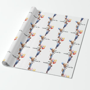 Cute Valentines Day Watercolor Bear With Balloons Wrapping Paper