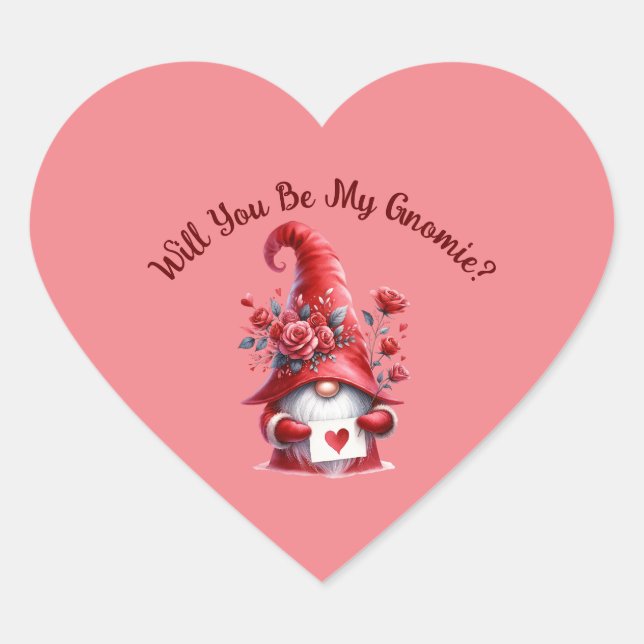 Cute Valentines Gnome with Hearts and Roses  Heart Sticker (Front)