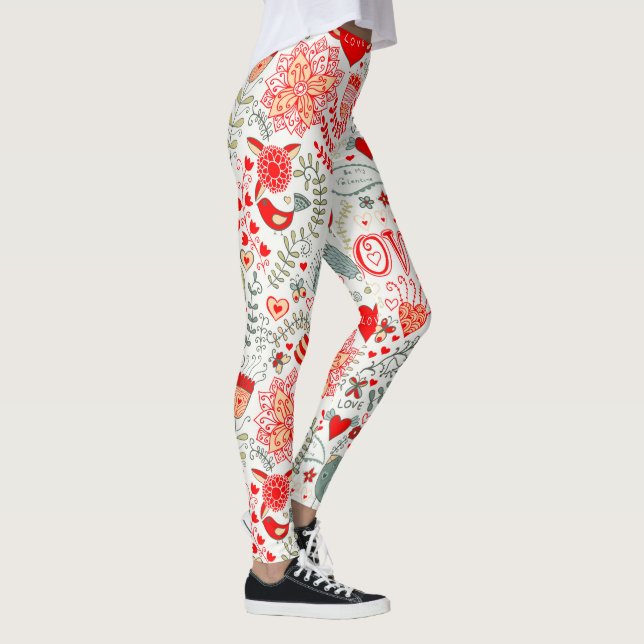 Cute Valentines Pattern, Text, Birds & Flowers Leggings (Right)