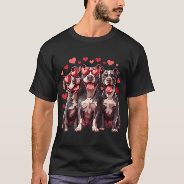 Cute Valentines Pit Bull Dogs Heart Sunglasses T-Shirt (Front)