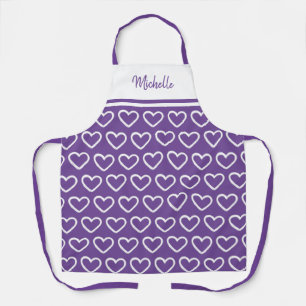 Cute Valentines Purple White Heart Pattern Name Apron