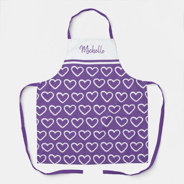 Cute Valentines Purple White Heart Pattern Name Apron (Front)