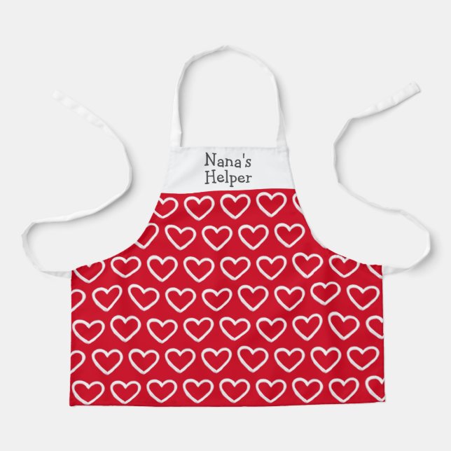 Cute Valentines Red White Heart Pattern Name Kids Apron (Front)