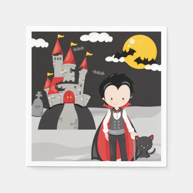 Cute Vampire Boy Halloween Kids Spooky Paper Plate Napkin (Front)