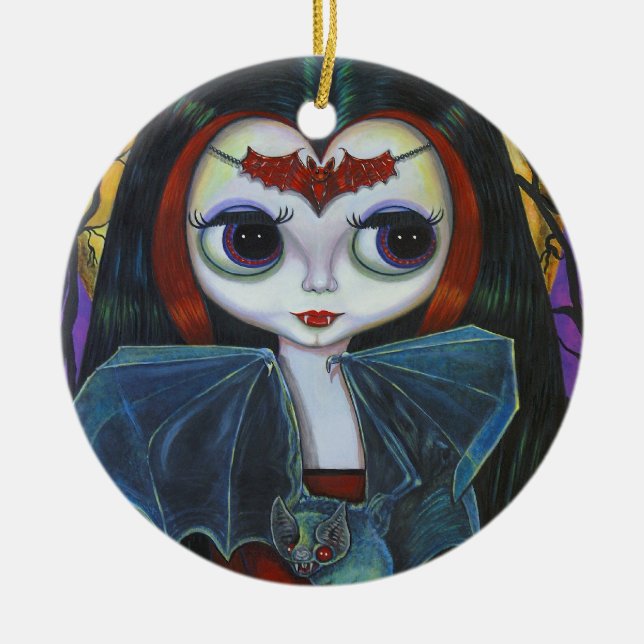 Cute Vampire Doll with Bat Ceramic Ornament (Front)