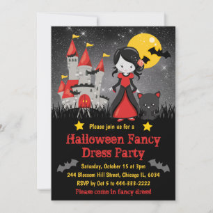 Cute Vampire Girl and Castle Halloween Invitation