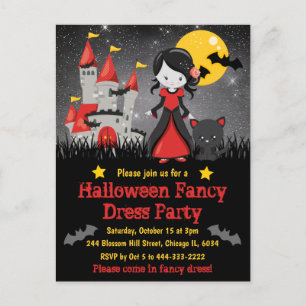 Cute Vampire Girl and Castle Halloween Invitation Postcard