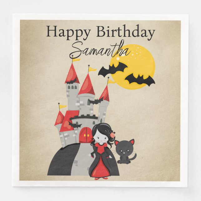 Cute Vampire Girl and Haunted Castle Halloween Napkin (Front)
