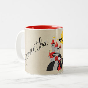 Cute Vampire Girl and Haunted Castle Halloween Two-Tone Coffee Mug