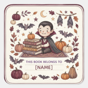 Cute Vampire Halloween Bookplate Personalized Kids Square Sticker