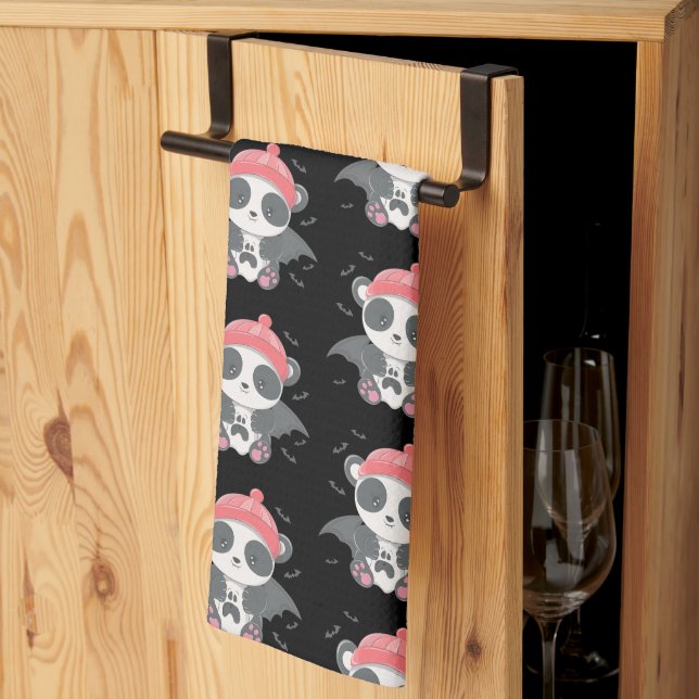 Cute Vampire Panda Bats Ghost Black Halloween Kitchen Towel (Thirds Fold)