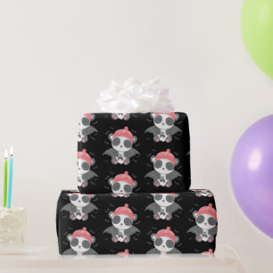 Cute Vampire Panda Bats Ghost Black Halloween Wrapping Paper