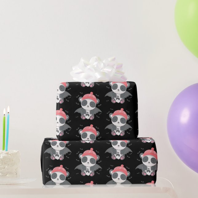 Cute Vampire Panda Bats Ghost Black Halloween Wrapping Paper (Party Gifts)