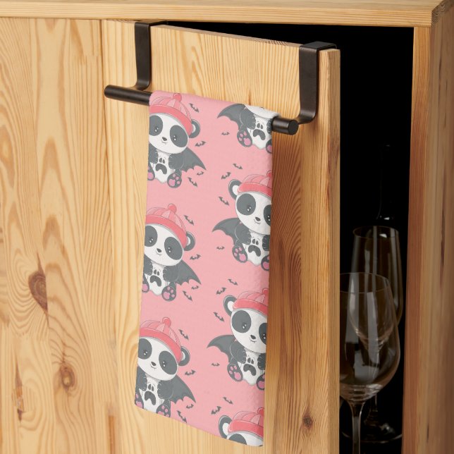 Cute Vampire Panda Bats Ghost Pink Halloween Kitchen Towel (Thirds Fold)