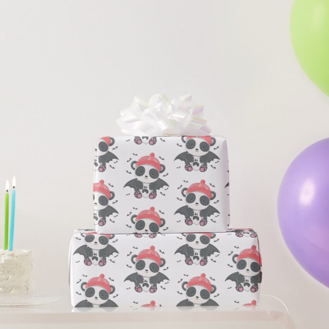 Cute Vampire Panda Bats Ghost White Halloween Wrapping Paper (Party Gifts)
