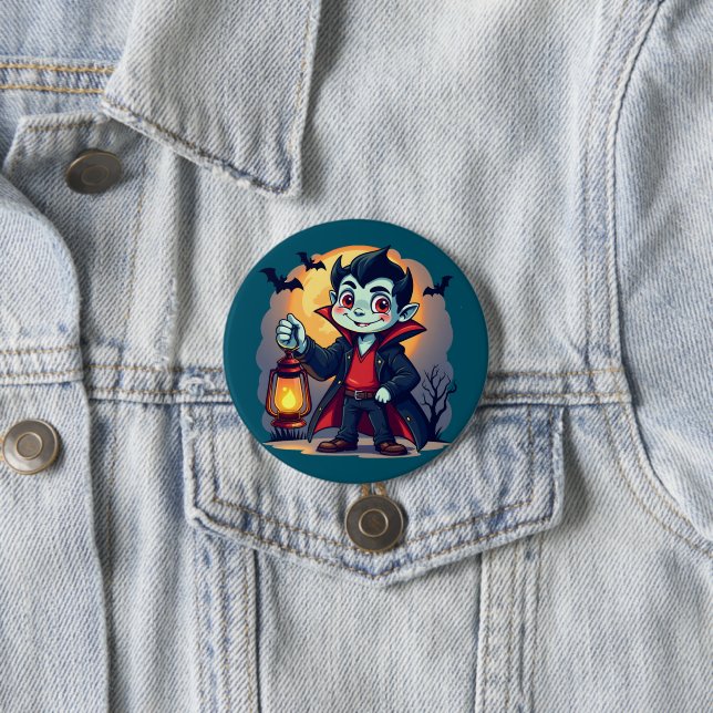 Cute Vampire with Lantern Kawaii Halloween 3 Inch Round Button (In Situ)