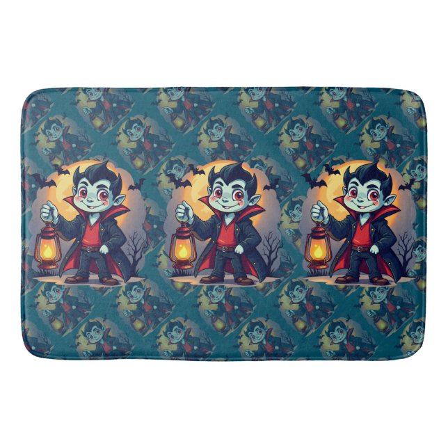 Cute Vampire with Lantern Kawaii Halloween Bath Mat (Front)