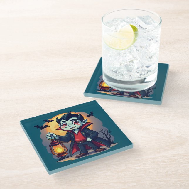Cute Vampire with Lantern Kawaii Halloween Glass Coaster (Angled)