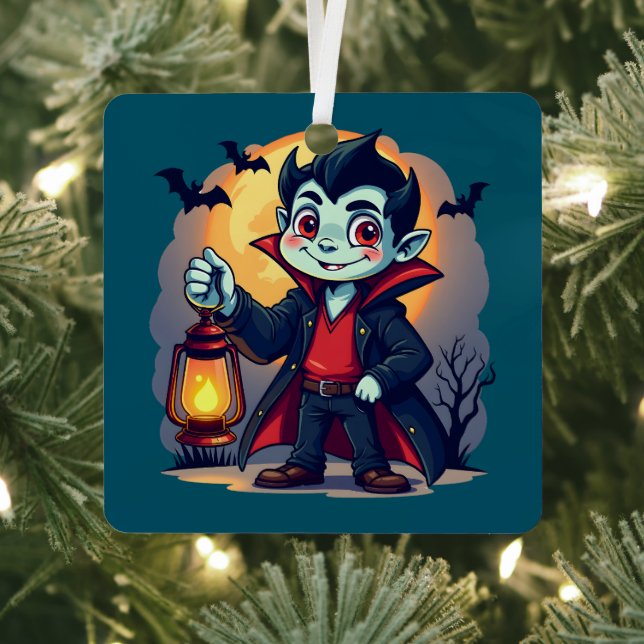 Cute Vampire with Lantern Kawaii Halloween Metal Ornament (Insitu)