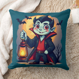 Cute Vampire with Lantern Kawaii Halloween Throw Pillow