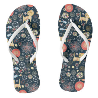 Cute Vector Cat Kitty Daisy Blue Flip Flops