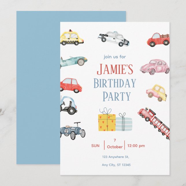 Cute Vehicle Theme Kids Party Invite (Front/Back)