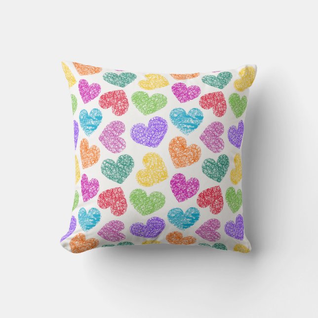 Cute Vibrant Doodled Heart Valentine's Day Pattern Throw Pillow (Front)