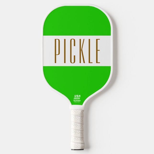 Cute Vibrant Lime Green White PICKLE Stripes Text Pickleball Paddle (Front)