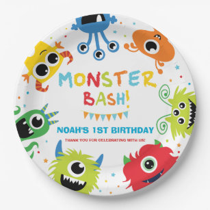 Cute Vibrant Little Monsters 1st Birthday Party Paper Plate