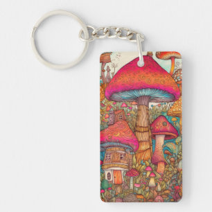 Cute Vibrant Mushroom Hut Illustration Keychain