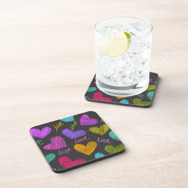 Cute Vibrant Scribbled Hearts with Love Script Coaster (Right Side)