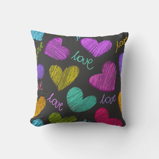 Cute Vibrant Scribbled Hearts with Love Script Throw Pillow (Front)