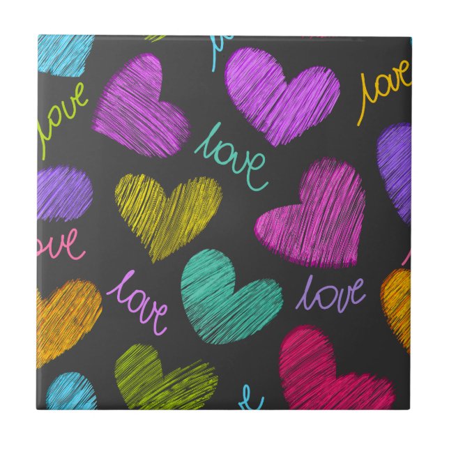 Cute Vibrant Scribbled Hearts with Love Script Tile (Front)
