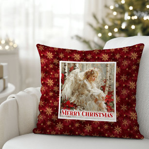 Cute Victorian Angel Red Gold Holiday Accent Xmas Throw Pillow