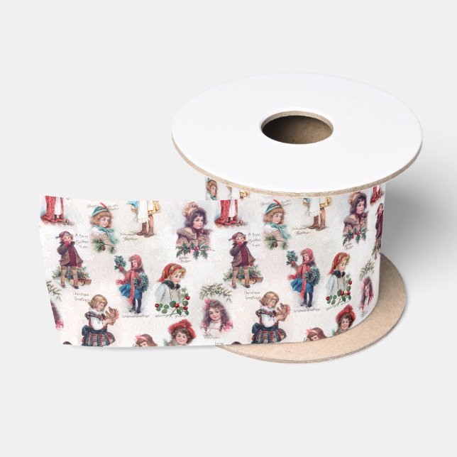 Cute Victorian Children w/Christmas Greetings Satin Ribbon (Spool)