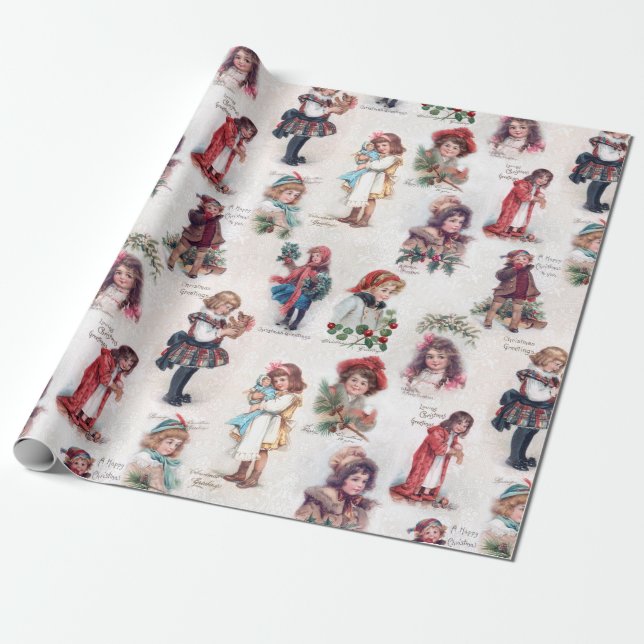 Cute Victorian Children w/Christmas Greetings Wrapping Paper (Unrolled)
