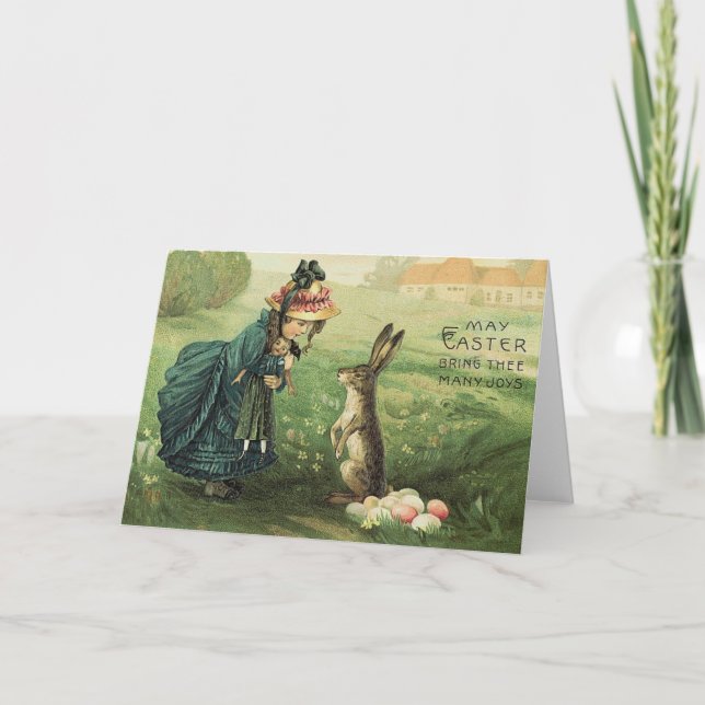 Cute Victorian Girl Doll Easter Bunny Holiday Card (Front)