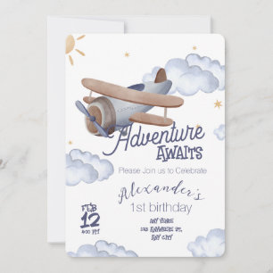 Cute Vintage Airplane First Birthday Adventure Awa Invitation