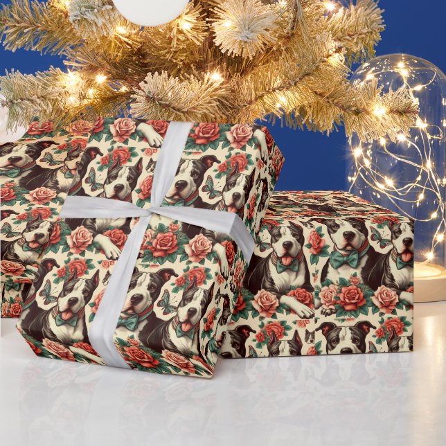 Cute Vintage American Pit Bull Terrier  Wrapping Paper (Holidays)