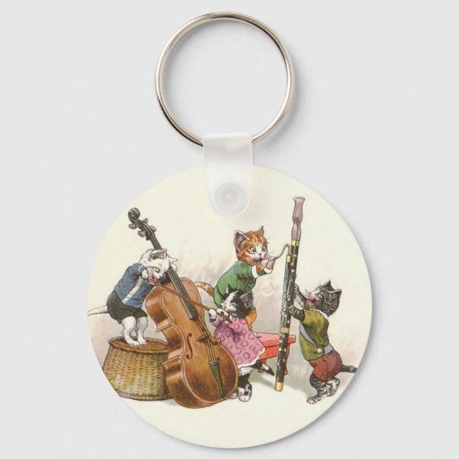 Cute Vintage Anthropomorphic Cats Playing Music Keychain (Front)