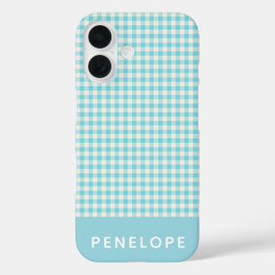 Cute Vintage Aqua Blue Gingham Plaid Personalized iPhone 16 Case