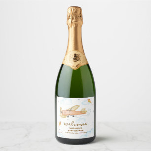 Cute Vintage Aviator Airplane Baby Shower Welcome Sparkling Wine Label