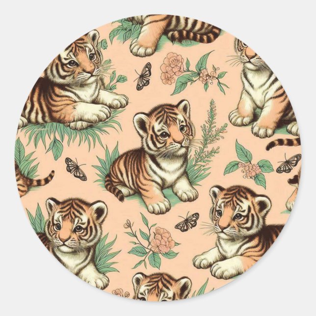 Cute Vintage Baby Tiger Pattern Classic Round Sticker (Front)