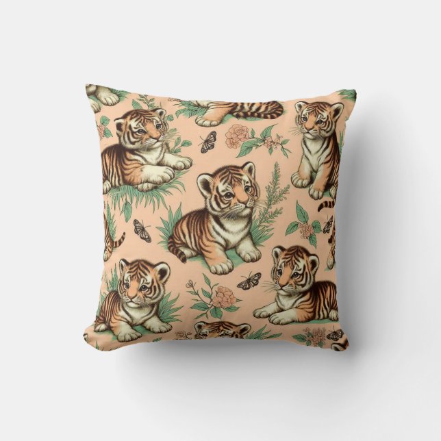 Cute Vintage Baby Tiger Pattern Throw Pillow (Front)