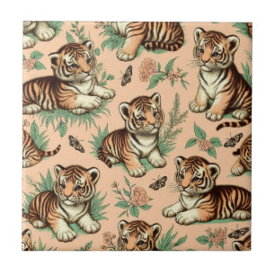 Cute Vintage Baby Tiger Pattern Tile